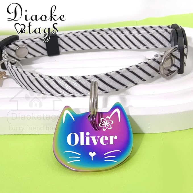 Stainless Steel Cat ID Tag Personalized Pet Tags with up to 4 Lines of Custom Text, Small Pet Mini Dog Cat Tag Lightweight, Engraved on Both Sides, Multiple Patterns Colors Size Options (cat)