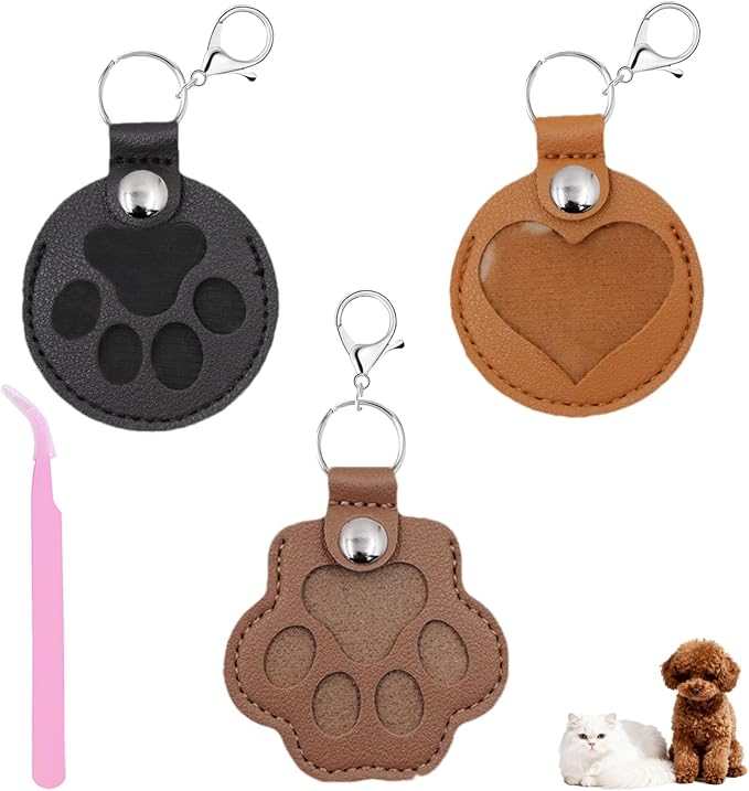 Pet Hair Storage Keychain, Dog Cat Fur Container Collector Keepsake, PU Leather Memorial Keyring, Collar Bag Charms