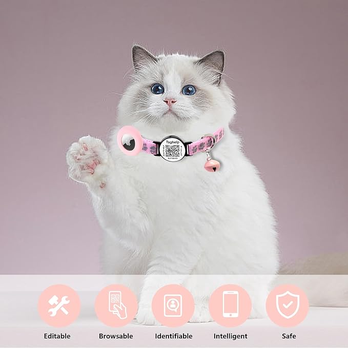 QR Code AirTag Cat Collar Breakaway Reflective with Bell - Digital Pet ID Tag for Lost Cat Recovery, Black Paw Print Design