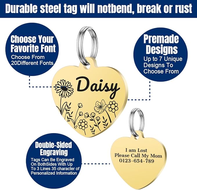 Personalized Dog Tags, Stainless Steel Pet Tags Personalized Cat, Collar Charm Engraved on Both Sides, up to 4 Lines of Custom Text, Multiple Patterns Colors Size Options (Daisy, Small)