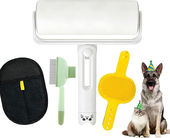 4-in-2 Pet Hair Removal Kit, Reusable Lint Roller, Anti-Slip Glove, Deshedding Comb, Portable Sticky Roller for Cats and Dogs（Yellow）