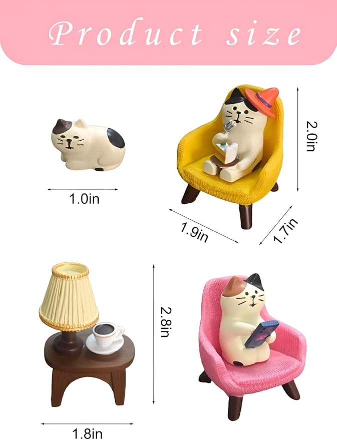 Miniature Cat Desk Set with Sofa & Lamp - 6-Piece Cute Cat Figurines for Office Decor, Shelf Decor, Home Decor, Resin Gift for Men, Cat Lovers (CAT)