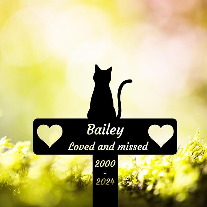 Personalized Custom Cat Memorial Garden Stake Grave Marker for Pet, Metal Animal Silhouette Outdoor Cat Remembrance Cross Stake with Hearts