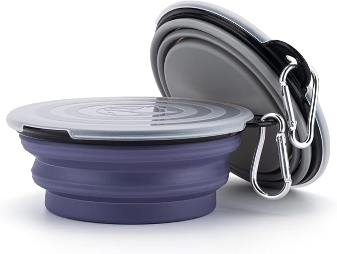 SLSON Dog Bowls Pet Collapsible Bowl with Cover Lids,2 Pack Dog Travel Bowls Portable Foldable Cat Water Dish Bowl for Pets Walking Parking Camping (Taro Purple and Concrete Gray, Small)