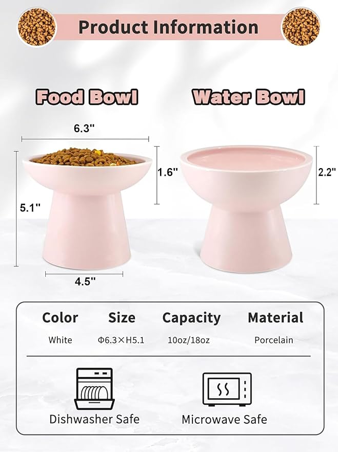 LoeJan Elevated Cat Food and Water Bowls Set, Pink - Raised Ceramic Anti-Vomit Whisker-Free Feeder for Kittens to Adult Cats