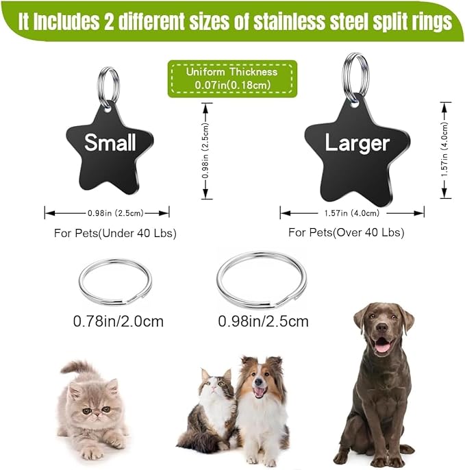 Stainless Steel Cat ID Tag Personalized Pet Tags with up to 4 Lines of Custom Text, Small Pet Mini Dog Cat Tag Lightweight, Engraved on Both Sides, Multiple Patterns Colors Size Options (Star Icon)