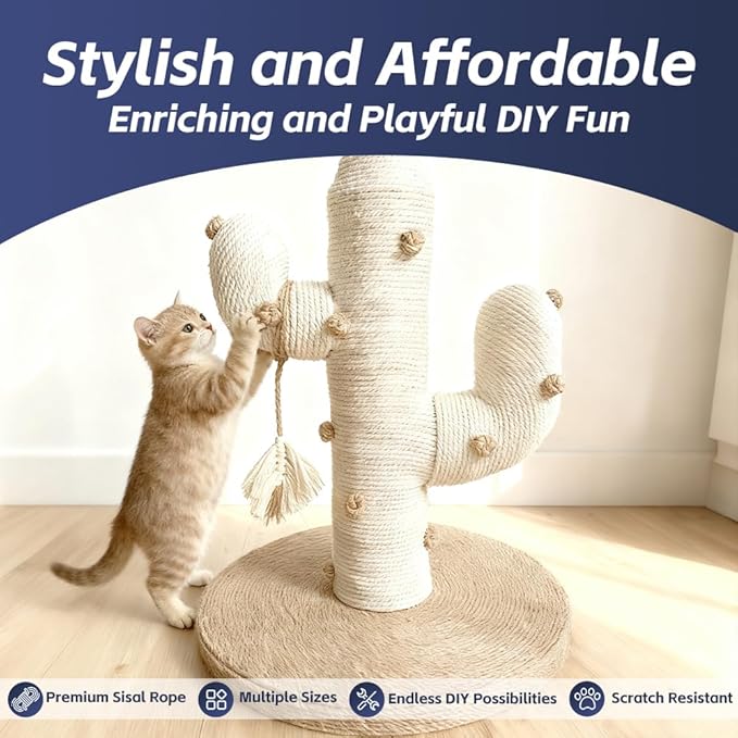 Natural Sisal Rope for Cat Scratcher Replacement, Durable Cat Tree Post Repair Cord for DIY Projects, Climbing Towers, Furniture Protection, Scratch Pad, Crafts, Garden, and Home Décor Use