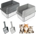 2 Pack Kitty Stainless Steel Litter Box, Large Rabbit Litter Box with Scoop, Small Animal Toilet for Kitten, Rabbit, Guinea Pigs, Hamster(Dark Grey & Light Grey)