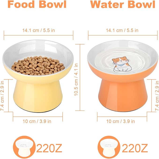 Elevated Cat Bowls,2 Pcs Ceramic Raised Cat Food Bowls with Non-Slip Base,Whisker-Friendly Shallow Design,Lead & Cadmium Free Pet Feeder,Dishwasher and Microwave Safe (Orange&Yellow)