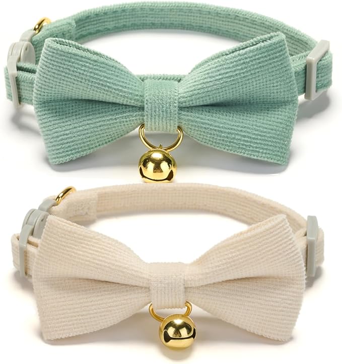 2 Pack Soft Corduroy Cat Collars with Bow Tie & Bell, Adjustable Breakaway Cotton Kitty Bowtie Collar for Female Male Cats(White & Grass Green)