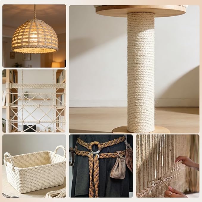 Natural Sisal Rope for Cat Scratcher Replacement, Durable Cat Tree Post Repair Cord for DIY Projects, Climbing Towers, Furniture Protection, Scratch Pad, Crafts, Garden, and Home Décor Use