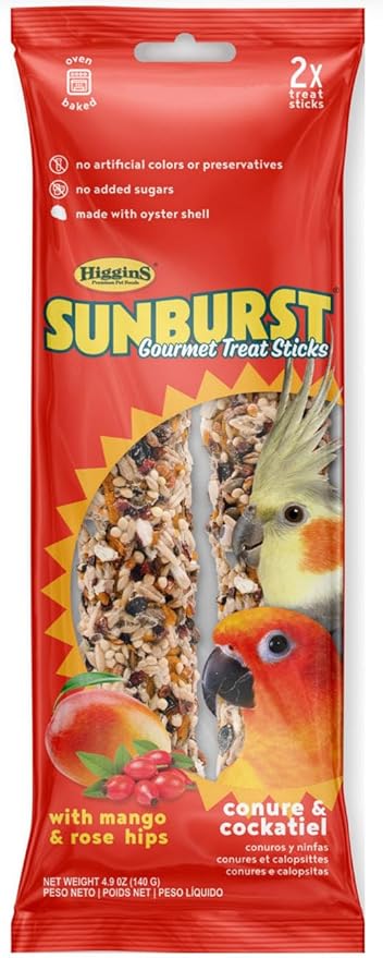 Higgins Sunburst Gourmet Avian Treat Sticks for Conures/Cockatiels. Mango & Rose HIPS 2pk. 4.9oz