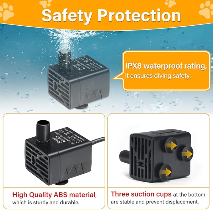 Ultra-Quiet Replacement Pump for Cat Water Fountains Submersible Pet Drinking Fountain Dog Water Dispenser Pump 5V IPX8 Waterproof （USB Cable）