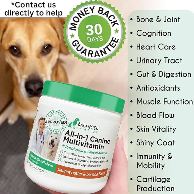 Balanced Breed All-in-1 Dog Vitamins Supplements Made in USA Vet-Pharmacist Approved Dog Multivitamin Probiotics Glucosamine Chondroitin Dogs Salmon Oil Skin Coat Immune Senior Dogs Supplement NonGMO