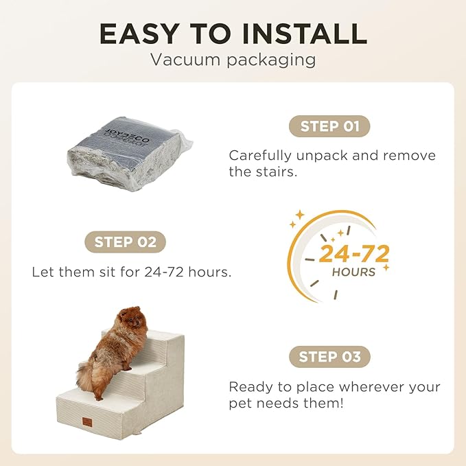 Joydeco Dog Stairs for Bed 25" H, 5-Step Pet Steps for Small Dogs and Cats, Dog Steps for High Bed, Non-Slip Balanced Ramp Indoor Pet Stairs, Beige