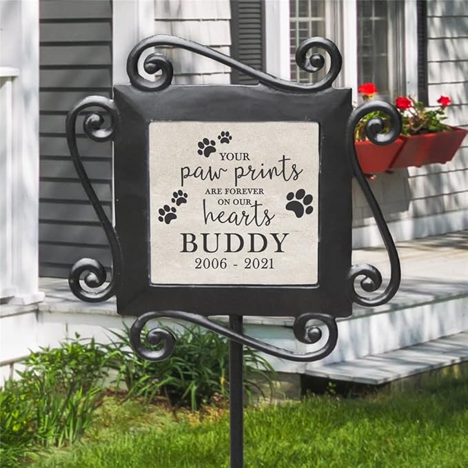 GiftsForYouNow Personalized Paw Prints On Our Hearts Garden Stake, 28' x 8.5', Wrought Iron with Decorated Ceramic Tile
