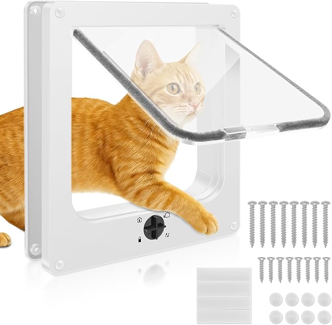 Cat Door Interior Door, 4-Way Lock Indoor Cat Doors, Magnetic Closure Reinforced Pet Doors for Cats up to 18 Lbs, Easy DIY Installation for Interior and Exterior Doors