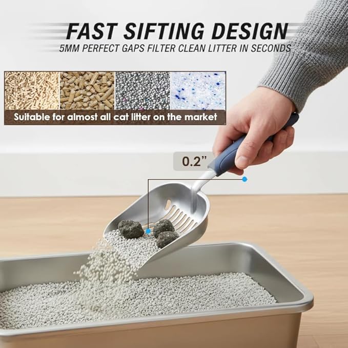 Full Metal Cat Litter Scoop with Holder, Stainless Steel Cat Litter Scooper Holder, Aluminum Kitty Scoop Captures All Clumps, Heavy Duty Kitty Metal Scooper with Non-Slip Handle