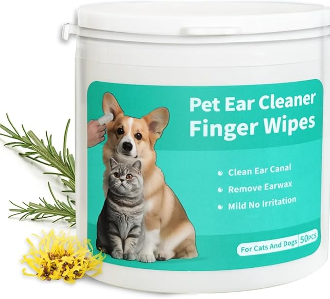 Pet Ear Cleaner Finger Wipes for Dogs, Cats, Gentle Alcohol-Free Formula, Removes Wax, Debris, 50 Count, Vet Approved, 4x8cm