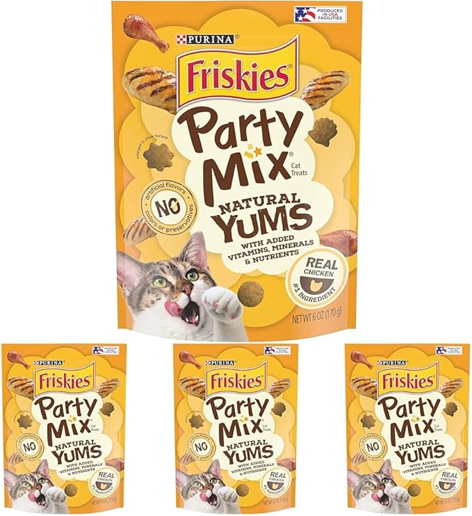 Friskies Party Mix Natural YUMS with Real Chicken Cat Treats, 6 oz, Pouch (Pack of 4)