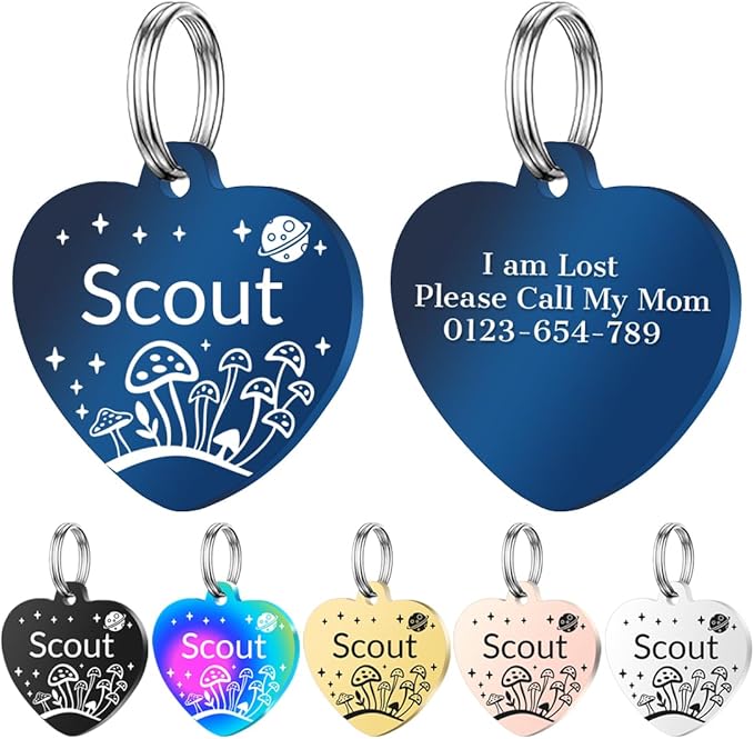 Personalized Dog Tags, Stainless Steel Pet Tags Personalized Cat, Collar Charm Engraved on Both Sides, up to 4 Lines of Custom Text, Multiple Patterns Colors Size Options (Mushroom, XSmall)