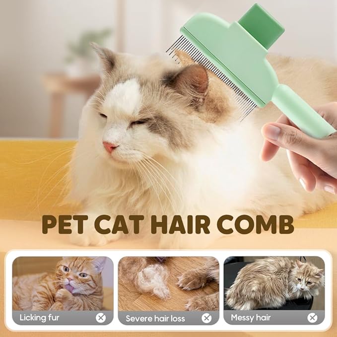 Self Cleaning Pet Hair Removal Comb, Pet Comb with Long Short Stainless Steel Metal Teeth, Cat Grooming Brush, Pet Grooming Supplies for Cat, dog (C - Green+Yellow - 1 set)