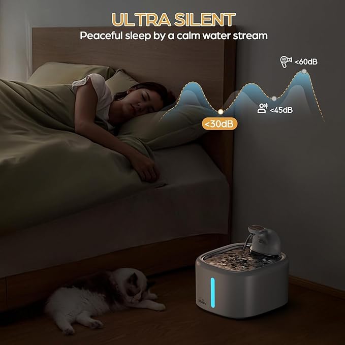 Wireless Cat Water Fountain Stainless Steel, 118oz/3.5L Cordless Automatic Pet Water Dispenser for Cats Indoor, with Motion Sensor, Ultra Quiet Pump, Rechargeable & Multi-Filtration-Silver
