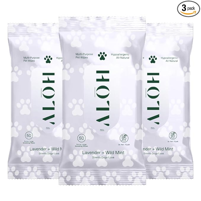 ALŌH Hypoallergenic | All-Natural | Multi-Purpose Pet Wipes. Lavender + Wild Mint 3 Pack of 50ct Wipes (150 Wipes)