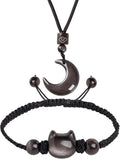 Black Obsidian Cat Bracelet and Moon Pendant Necklace Jewelry Set-Cat Lover Gifts,Wealth Attraction,Good Luck,Bead Bracelet,Mindfulness,Beaded Bracelets, Obsidian Pendant Necklace-Cute Gifts for Women
