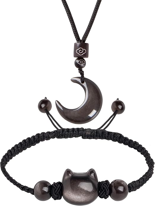 Black Obsidian Cat Bracelet and Moon Pendant Necklace Jewelry Set-Cat Lover Gifts,Wealth Attraction,Good Luck,Bead Bracelet,Mindfulness,Beaded Bracelets, Obsidian Pendant Necklace-Cute Gifts for Women