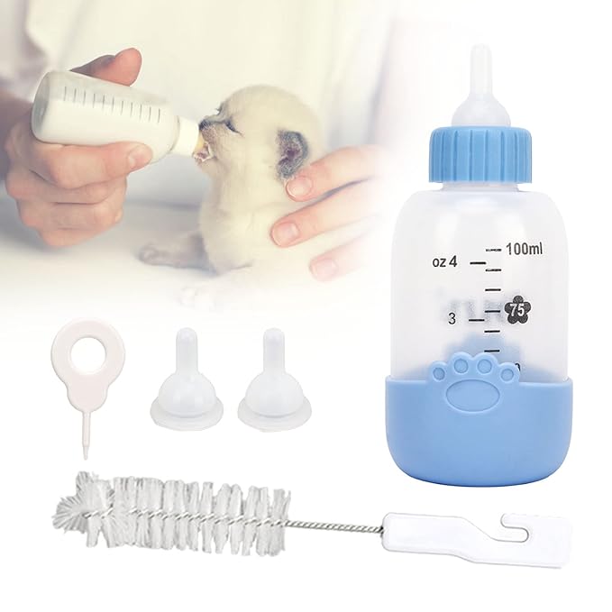 CHICIRIS Pet Nursing Bottle, Portable Paw Pattern Silicone Pet Milk Bottle with 3 Pcs Nipples, Cat Feeding Bottle for Newborn Kittens Hamster Puppies Rabbits (Blue)