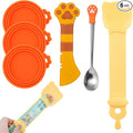 6 PCS Cat Food Can Covers Lids Set, Multi-Function Cat Food Spoon & Silicone Storage Lids with Opener, Cat Bar Squeezer, Stainless Steel Wet Food Spoon for Feeding, Storage and Cats & Dogs (Orange)