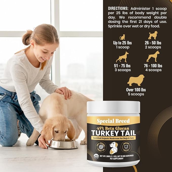 Organic Turkey Tail Mushroom for Dogs and Cats, 45% Beta Glucan Standardized, Hot Water Extracted Whole Fruiting Body, Third Party Tested, Immune and Gut Support, No Fillers, Made in USA, 660 ct