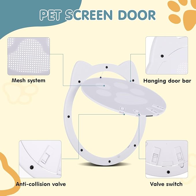 Cat Door for Screen Door, Cat Screen Door, Pet Screen Doors with Lockable Magnetic Flap for Doggy and Cat Door, 11.42 x 8.66 x 0.39in (White)