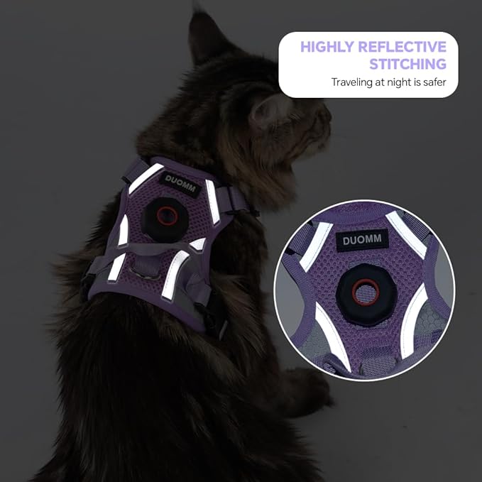Cat Harness and Leash Set with AirTag Holder: Upgraded Escape Proof Vest with Lead for Small Dog Puppy Large Cat Walking，Soft Breathable Mesh Coat with Reflective Strip (Purple, L)