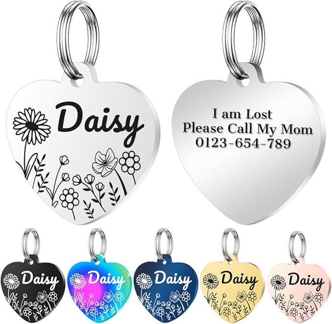 Personalized Dog Tags, Stainless Steel Pet Tags Personalized Cat, Collar Charm Engraved on Both Sides, up to 4 Lines of Custom Text, Multiple Patterns Colors Size Options (Daisy, Large)