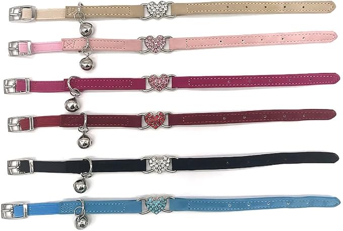 XXS Dog Collar with Bell, Bling Rhinestone Heart Soft Velvet Kitten Collars with Bells for Xs Tiny Dogs Girls Pet Cats, Hot Pink