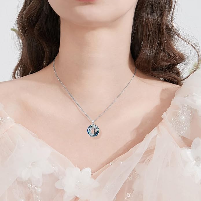 TOUPOP Cat Gifts for Cat Lovers Sterling Silver Cute Cats Tree of Life Pendant Necklace with Blue Circle Crystal Birthday Christmas Jewelry Gifts for Women