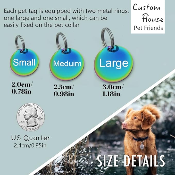 Stainless Steel Cat ID Tag Personalized Pet Tags with up to 4 Lines of Custom Text, Small Pet Mini Dog Cat Tag Lightweight, Engraved on Both Sides, Multiple Patterns Colors Size Options