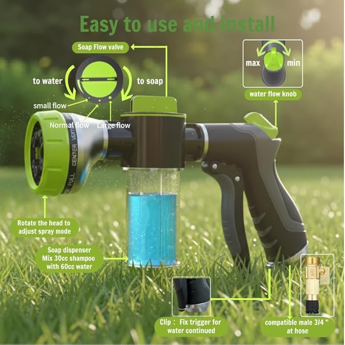 Dog Washing Hose Attachment, 10 Spray Modes and Adjustable Water Pressure Garden Hose Nozzle with Soap Dispenser for Dog Cat Bathing, Also Adopted in Watering Flowers, Pet Wash