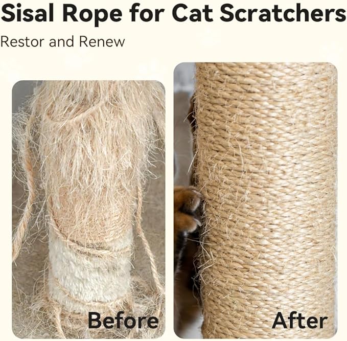 Natural Sisal Rope for Cat Scratcher Replacement, Durable Cat Tree Post Repair Cord for DIY Projects, Climbing Towers, Furniture Protection, Scratch Pad, Crafts, Garden, and Home Décor Use