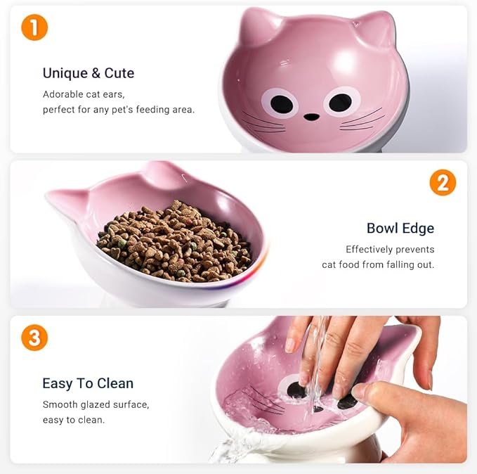 Raised Cat Food Bowl Ceramic 15° Tilted Cat Food Bowls Protect Cat's Spine Anti Vomiting Backflow Prevention for Adult, Kitten, and Small Dogs (Pink)