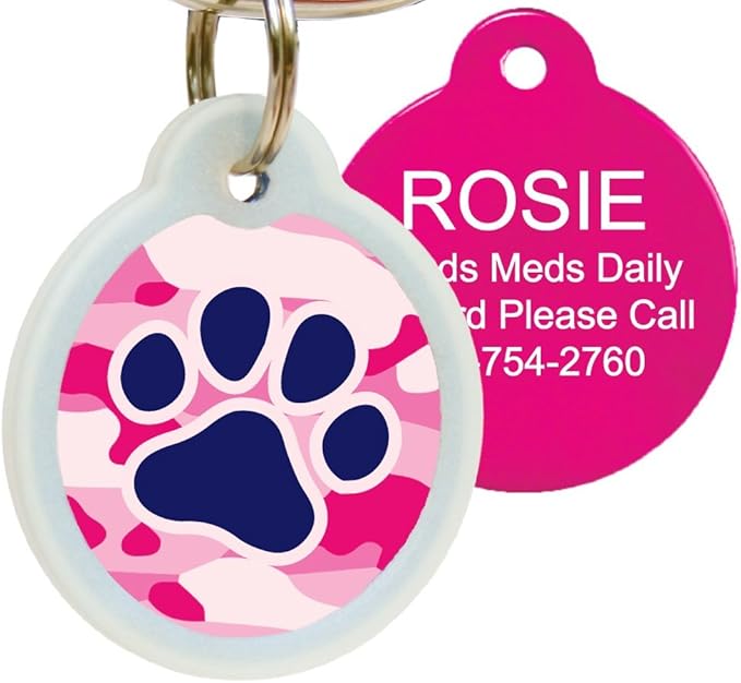 GoTags Unique Pet Tags, Personalized with 4 Lines of Custom Engraved ID, Silent Dog Tags with Glow in The Dark Silencer to Quiet Tag, Several Cute Tag Designs for Cat or Dog, (Pink Camo)
