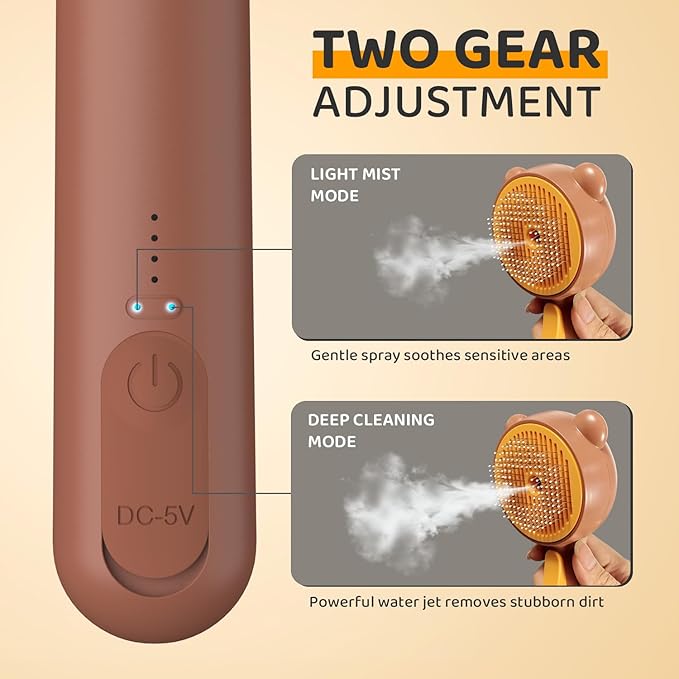 Pecait Cat Steam Brush, Self Cleaning Pet Spray Hair Removal Comb with Release Button, 3 in 1 Cat Brush for Indoor Cats, Waterproof Pet Grooming Brushes for Long Short Haired Dogs Cats（Brown）