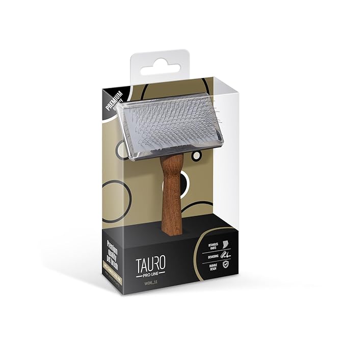 Tauro Pro Line Wooden Brush with Metal Rim for Dogs & Cats, Stainless Steel Pins for Undercoat Removal & Dematting, Grooming Tool for All Coat Types, Ideal for Doodles & Poodles, Medium Size (M)