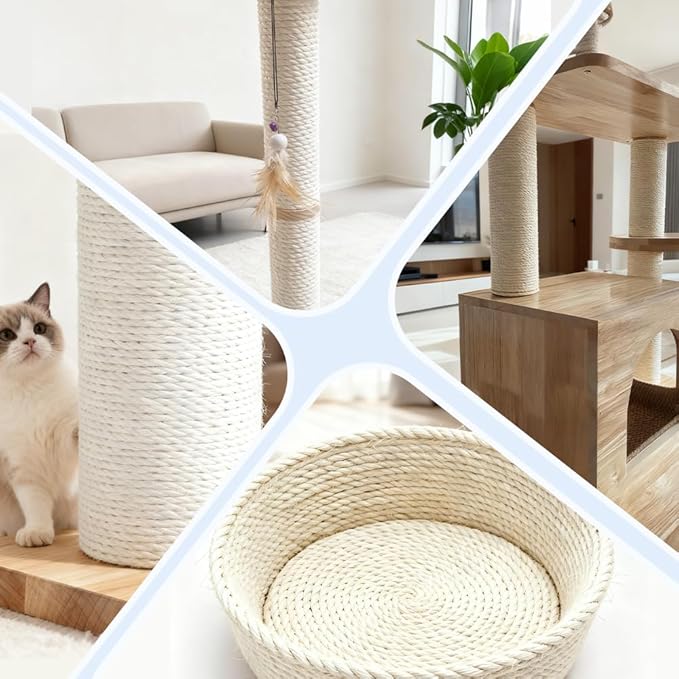 Natural Sisal Rope for Cat Scratcher Replacement, Durable Cat Tree Post Repair Cord for DIY Projects, Climbing Towers, Furniture Protection, Scratch Pad, Crafts, Garden, and Home Décor Use
