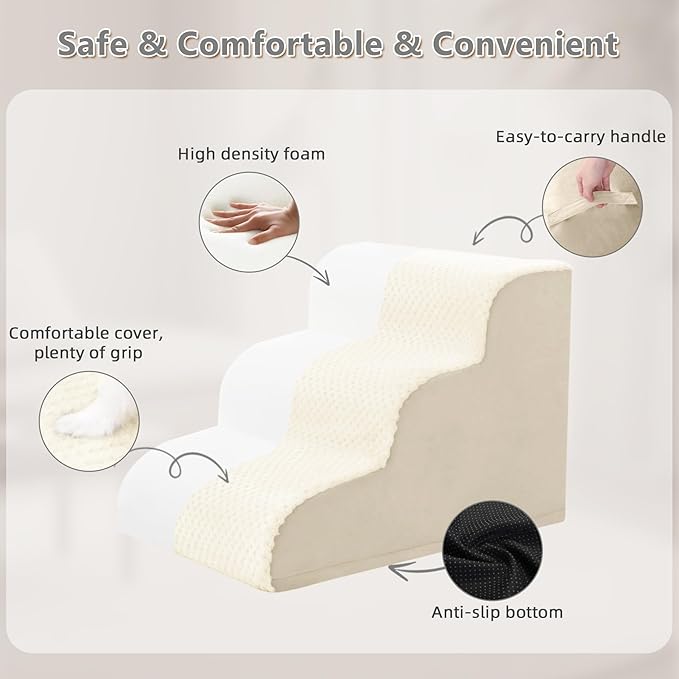 MIHIKK Dog Stairs Ramp, Curved 3-Step Dog Steps for Small Dogs and Cats, Pet Stairs for High Beds and Couch with Anti-Slip Washable Cover and Durable High Density Foam, Beige