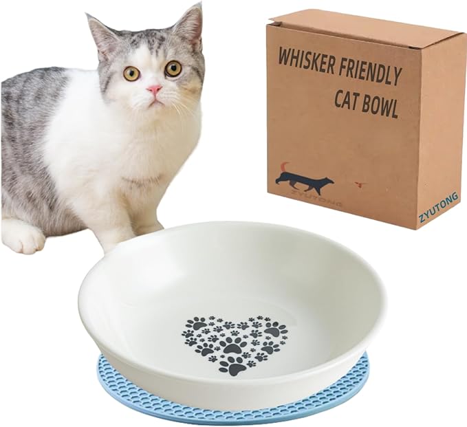 Ceramic Cat Bowl Whisker Friendly – Wide Shallow Cat Food Dish with Non-Slip Base, Dishwasher Safe Feeding Bowl for Indoor Cats