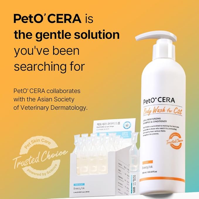 PetO’Cera Cat Care Bundle | Hypoallergenic Shampoo & Conditioner + Eye Drops | Moisturizing, Soothing & Veterinarian Approved | Lubricating Eye Drops | Complete Cat Skin, Coat & Eyes Solution
