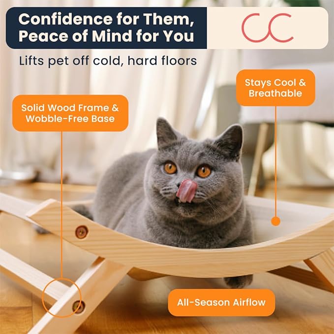 CallieCo Wooden Cat Hammock Bed, Modern Elevated Pet Lounger with Premium Wooden Frame & Breathable Fabric, Stylish Indoor & Outdoor Cat Bed for Cats & Small Dogs - Gray